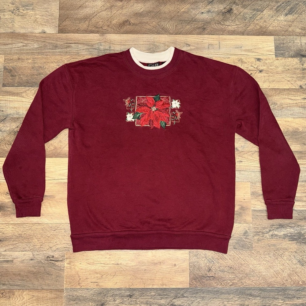 Vintage 90s Croft & Barrow Sport Poinsetta Embroidered Red Crewneck Sweatshirt S
